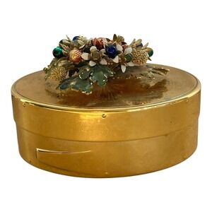 Vintage Gorham Gilt trinket box‎ YC1141 enamel floral lid blue velvet lined USA